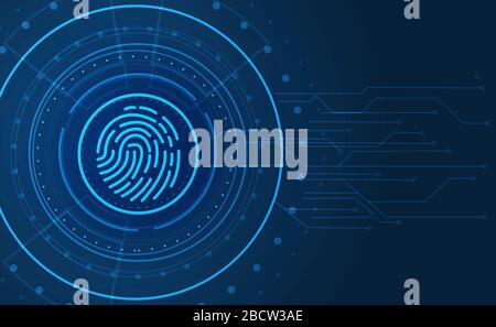Cyber-Sicherheitskonzept. Biometrisches Erkennungssystem mit Fingermarkenverriegelung, freier Raum für die Konstruktion. Abbildung Stockfoto