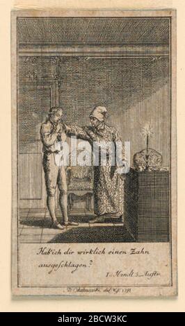 Die Ohrfeige der Spielabbildung nicht mehr als sachs Schuesseln von Fredrich Wilhelm Grossman in Knigl großer genealogischer Kalender auf das Jahr 178823 Lauenberg Bey JG Berenberg. Die Forschung im ProgressA-Mann in der Nachthalle hält einen Brief und legt seine rechte Hand auf die Schulter eines jungen Mannes, der seine Hände bis zum Mund hält. Die Ohrfeige der Spielabbildung nicht mehr als sachs Schuesseln von Fredrich Wilhelm Grossman in Knigl großer genealogischer Kalender auf das Jahr 178823 Lauenberg Bey JG Berenberg Stockfoto