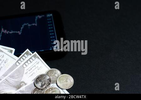 Rubelkurs zum Dollar an den Börsen. Wachstum des Rubel gegenüber dem Dollar. Abwertung, Floating-Rate, Überwachung von Aktien und Wechselkursen. Stockfoto