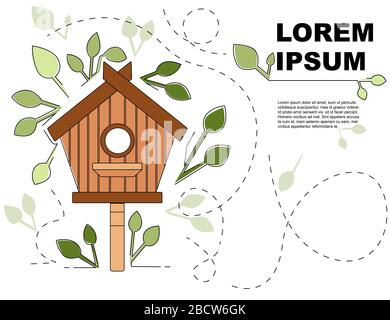 Nistkasten auf Holzpfosten Holzbirdhouse Flachvektorillustration auf weißem Hintergrund mit grünen Blättern Werbeflyer Bannerdesign Stock Vektor