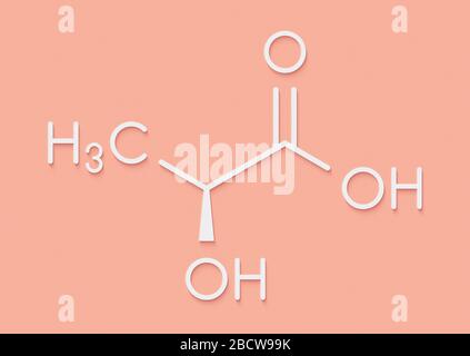 Milchsäure (L-Milchsäure) Milch Zucker Molekül. Baustein von Polymilchsäure (PLA) Biokunststoff. In der Milch gefunden. Skelettmuskulatur Formel. Stockfoto