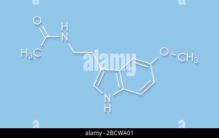 Melatonin Hormon Molekül. In den Menschen, es spielt eine Rolle in der zirkadiane Rhythmus der Synchronisation. Skelettmuskulatur Formel. Stockfoto