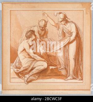 Minerva und Merkur. Die Forschung in ProgressMinerva steht rechts, mit der Scheilte in der linken Hand, und mit der rechten Hand gestreift. Ein junger Mann sitzt auf einem Stein zu ihrer linken, während Merkur hinter ihm aufblickt. Minerva und Merkur Stockfoto