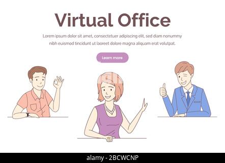 Virtuelle Office Web-Banner-Vektorvorlage. Lächelnde Leute, die Daumen nach oben zeigen, o.k. Zeichenvektor Cartoon Outline Illustration. Schulung, Fernarbeit, freiberufliche Webseiten-Gestaltung. Stock Vektor