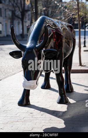 Ein Bulle oder eine Kuh schwarz geschützt vor dem Virus in einer Maske, sauberes Fleisch für Ihren Tisch, Anortung von natürlichen Produkten während der Pondemics. Stockfoto