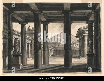 Bühnenbild für die Oper LUltima giorno di Pompei an der Scala Mailand im Jahre 1826. Forschung im ProgressHorizontal Rechteck. Portikos rund um ein Tempelgebäude, im Hintergrund ein ausbrechender Vulkan. Bühnenbild für die Oper LUltima giorno di Pompei an der Scala Mailand im Jahre 1826 Stockfoto