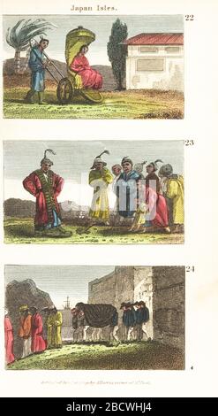 Historische Ansichten von Japan. Japanische Frau, die auf den Rädern 22 in einem Sedan-Stuhl reitet, japanische Christen gezwungen, auf ein Kruzifix (Fumie) in Nagasaki zu treten, 17. Jahrhundert 23, Eingeborene, die sich der Bestattung eines britischen Seglers vom Lord Amherst Schiff auf den Lewchew Inseln (Okinawa) im Jahr 1832 anschließen 24. Handfarbige Kupferstichgravur aus den Szenen von Rev. Isaac Taylor in Asien, für die Unterhaltung und Anweisung von Little Tarry-at-Home Travelers, John Harris, London, um das Jahr 1819. Stockfoto