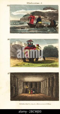 Historische Ansichten von Hindoostan (Indien). Perlfischer an der Küste von Ceylon (Sri Lanka) 55, die in einer Heudah auf einem Elefanten mit Mahout 56 unterwegs sind, und Elephanta-Höhlen bei Bombay (Mumbai) 57. Handfarbige Kupferstichgravur aus den Szenen von Rev. Isaac Taylor in Asien, für die Unterhaltung und Anweisung von Little Tarry-at-Home Travelers, John Harris, London, um das Jahr 1819. Stockfoto