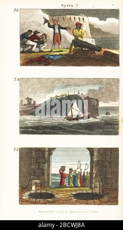 Historische Ansichten Syriens. Sir Sydney Smith verteidigte Acre von Napoleon Bonaparte 73, Fischer bei Tire 74, und Dorfbewohner, die die Brunnen am Tower of Sour mit Meerwasser in der Zeremonie der Heirat von Sea and Land Water 74 füllen. Handfarbige Kupferstichgravur aus den Szenen von Rev. Isaac Taylor in Asien, für die Unterhaltung und Anweisung von Little Tarry-at-Home Travelers, John Harris, London, um das Jahr 1819. Stockfoto