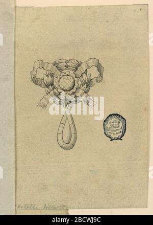 Design für einen Broch. Forschung in ProgressA Lorbeerkranz umschlungen mit einem Knoten. In der Mitte ein runder Diamant, hängender Belowm ein tropfenförmiger Diamant. Design für einen Broch Stockfoto