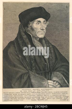 Porträt von Desiderius Erasmus. Forschung im ProgressHalf-längs-Porträt, nach rechts gedreht, der Kopf in Dreiviertelansicht. Die Hände sind vor ihm gekreuzt dargestellt. In Monogramm auf Platte, unten links: [Stilisierter LV] signiert. Aufschriften im Randbereich unten: 'DESIDERIVS ERASMVS TOTTERDAMVS ... Porträt von Desiderius Erasmus Stockfoto