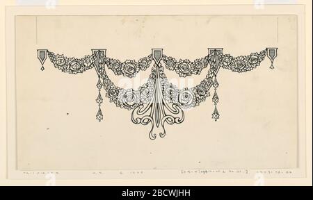 Tailpiece. Forschung in ProgressA symmetrisches Design aus Rosengirlanden, mit Streamern von Bändern im Zentrum. Tailpiece Stockfoto