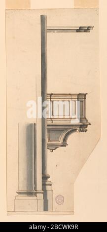 Projizieren SIE EINE im Profil abgebildete Kanzel. Die Forschung in der ProgressA-Kanzel wird im Profil gezeigt, das an einem Pilaster befestigt ist und nach rechts zeigt. Der untere Teil der Säule steht links vor einem Pilasterstreifen. Projizieren SIE EINE im Profil abgebildete Kanzel Stockfoto