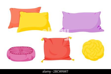 Buntes, flaches Cartoon-Set mit Kissen. Innenfutter Textil. Kopfkissen quadratisch, Knoten mit Quasten, Kopfkissen mit Spottmuster. Federmaterial aus Bambus und Öko. Stock Vektor