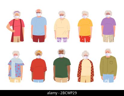Coronavirus Covid 19, alte Menschen weiße medizinische Gesichtsmaske. Flacher Cartoon-Stil. Internationale ältere Menschen tragen Masken. Großmutter Großvater Protec Stock Vektor