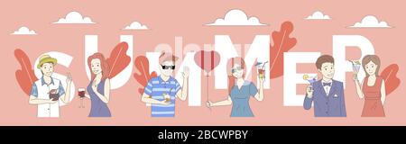Vorlage für Sommerwortbanner. Gruppe von fröhlichen lächelnden Menschen im Sommer und formelle Kleidung, die Cocktails hält Vector Cartoon Outline Illustration. Designkonzept für Poster für Sommerpartys. Stock Vektor