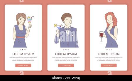 Bildschirme für mobile Apps für Cocktailpartys. Fröhliche Männer und Frauen in formaler Kleidung, die eine Brille mit Rotwein und Cocktails hält, Vektor-Cartoon-Illustration. Website-Vorlage für Bar oder Restaurant. Stock Vektor