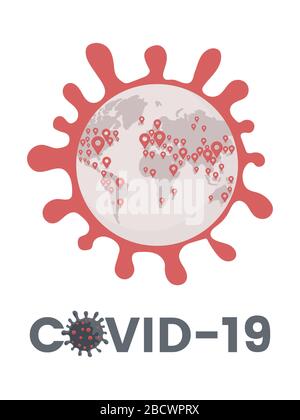 Epidemie von Covid-19 verbreitete sich auf der ganzen Welt flache Illustration. Gefährliche Zelle des Coronavirus, globale Pandemie der Erregergrippe, Vektorkonzept mit Typografie. Stock Vektor