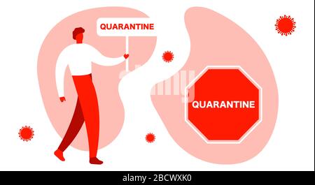 Coronavirus-Schutz Banner Quarantäne konzeptueller Postermann, mit abstraktem Schutz. Helle Illustration auf weißem Hintergrund. Realistischer Style Stock Vektor