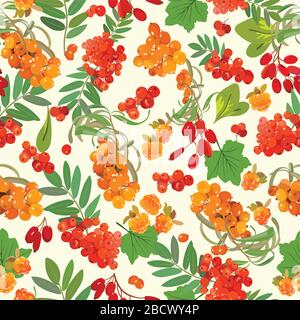 Farbiges Muster aus orangefarbenen Beeren und grünen Blättern. Vektorgrafik. Stock Vektor