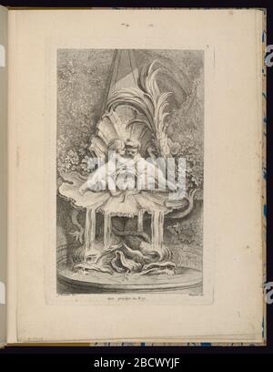 Platte 3 Receuil de Fontaines Sammlung von Brunnen. Forschung in ProgressFolio 3, Platte 3 einer Serie von 7. Design für einen Brunnen. Rokoko-Brunnendesign mit einem Putten und einem jungen triton, der sich in einer offenen Schale umarmt. Meerestiere am Fuß des Brunnens darunter. Platte 3 Receuil de Fontaines Sammlung von Brunnen Stockfoto