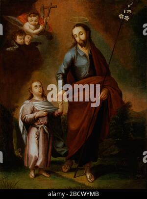 San Jose y el Cristo nino. Nach den Evangelien war Josef der Ehemann der Jungfrau Maria und der Pflegevater Jesu. In Puerto Rico wird St. Joseph oft von und für die Sterbenden angerufen und er ist der Schutzpatron mehrerer Puerto-ricanischer Gemeinden, darunter der westlichen Inselregion Lares. Stockfoto