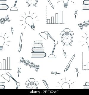Vector Education nahtlose Musterabbildung mit Büchern, Lampe, dna-Kette, Stift, Wecker, Glühbirne, Zeitplan. Lernen, unterrichten, lernen, Konce Stock Vektor