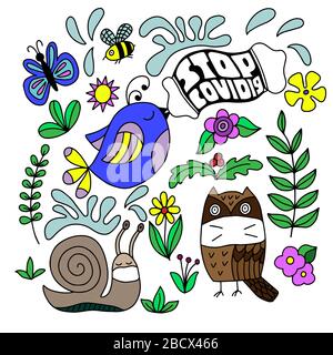 Vektor auf weißem Hintergrund, Vögel mit Masken aus Coronavirus, für kindliche Illustrationen und Poster Stock Vektor