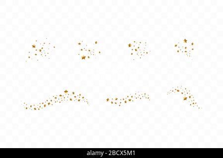 Satz von golden Sternschnuppen. Wolke von goldenen Sternen auf Transparenten Hintergrund isoliert. Vector Illustration. Meteoroid, Kometen, Asteroiden, Sterne Stock Vektor