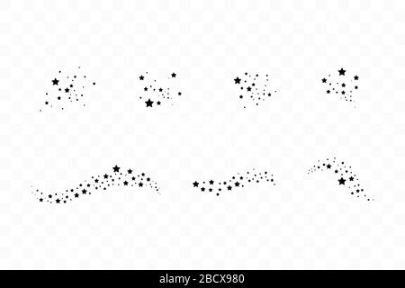 Satz von schwarzen fallenden Sternen. Wolke schwarzer Sterne isoliert auf transparentem Hintergrund. Vektorgrafiken. Meteoroid, Komet, Asteroiden, Sterne Stock Vektor