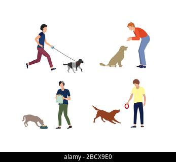 Set von Menschen mit Hunden. Hund und Person. Tägliche Pflege von Hunden - Füttern, gehen, Spielen mit Welpen. Stock Vektor