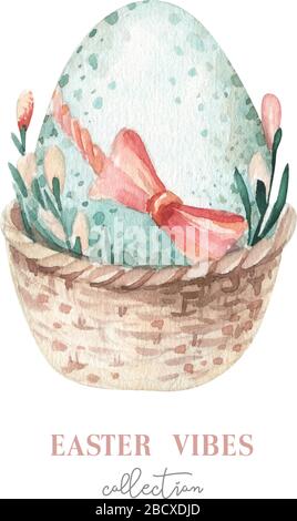 Aquarell fröhliches osterset mit Blumen, Federn und Eiern. Frühlingsferiendekoration. Handgezeichnetes Design im April. Stock Vektor