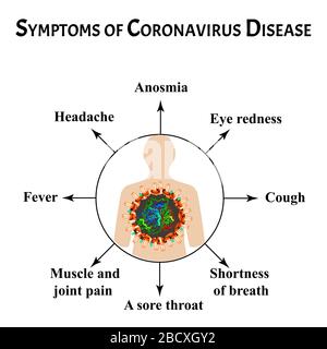 Symptome Coronavirus Krankheit. Grippe-Coronavirus. Influenza. Infografiken. Vektordarstellung auf isoliertem Hintergrund Stock Vektor