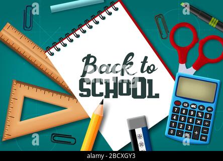 Zurück zur Schule Vektor-Konzept Design. Zurück zur Schule Text in weißem Papier mit realistischen Schulelementen und Bildungsgegenständen im Hintergrund Tafel. Stock Vektor