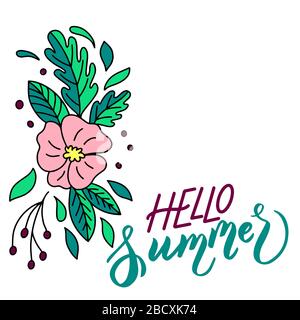 Vektorbild einer rosafarbenen Blume und Aufschrift - Hallo Sommer - auf weißem Hintergrund für die Gestaltung von Postkarten, Glückwünsche, Plakaten, Einbände Stock Vektor