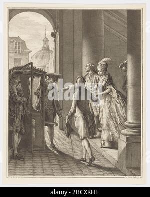 Les Prcautions die Vorsichtsmaßnahmen von Le Monument du Costume. Die Forschung in ProgressA übermüdete Dame steigt eine Treppe im Profil herab und bereitet sich darauf vor, direkt vor ihr in einen Sedan Sessel zu treten. Ein Mann im mittleren Vordergrund steht ihr gegenüber und greift nach ihrer Hand. Ein paar andere elegant gekleidete Männer sind um sie versammelt. Les Prcautions die Vorsichtsmaßnahmen von Le Monument du Costume Stockfoto