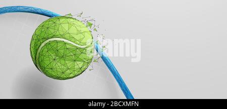 Tennisball auf Schläger aus Linien, Dreiecken, Teilchen, flacher Poly und Drahtmodell Stock Vektor