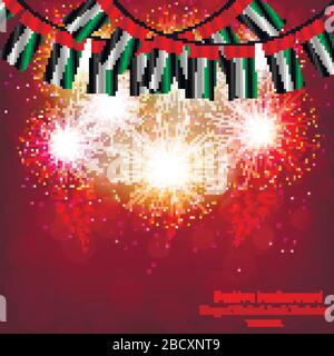 Helles Feuerwerk mit Flaggen arabischer Emirate für den Urlaub. Banner mit Flagge der Vereinigten Arabischen Emirate mit Falten. Abbildung mit Markierung für Webdesign. Vektor. Stock Vektor