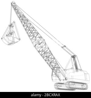 Dragline-Walking-Bagger. Vektordarstellung von 3d. Drahtmodell. Die Ebenen der sichtbaren und unsichtbaren Linien werden getrennt. Stock Vektor