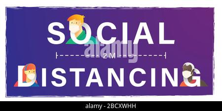 Soziale Distanzierung für Covid-19 oder Coronavirus Konzept Beschriftung Design Banner, Hintergrund und Kampf gegen Virus-Vektor-Illustration Stock Vektor