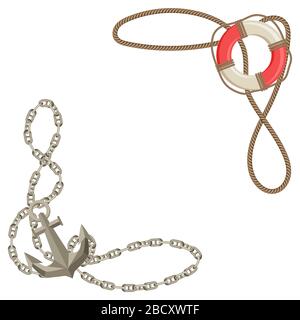 Nautischer Hintergrund mit Segelartikeln, Seilen und Ketten. Stock Vektor