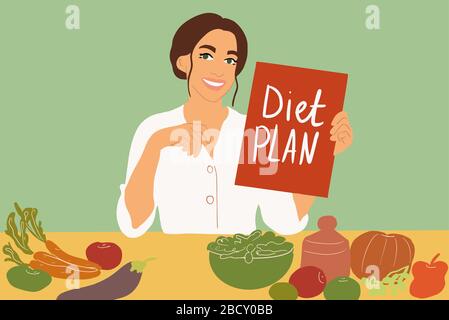Weibliche Ernährungswissenschaftlerin sitzt mit einem Diätplan am Tisch voller gesunder Lebensmittelzutaten auf dem grünen Hintergrund. Farbenfrohe Vektorgrafiken im flachen Cartoon-Stil Stock Vektor