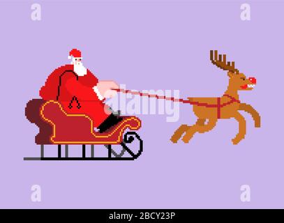 Weihnachtsmann in Schlittenpixel-Kunst. 8-Bit-Weihnachtszeit und Silvestervektor-Illustration Stock Vektor