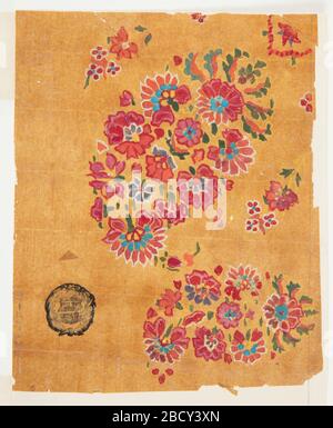 Design für gewebte Schal mit Paisley-Motiven. Forschung in ProgressDesign für eine gewebte Schal mit zwei Paisley-Motiven, auch als Persian Kees bezeichnet. Die Designs bestehen aus verschiedenen Farben, darunter dunkelrot, hellrot, blau und violett sowie grünen Kalysen und Blättern. Design für gewebte Schal mit Paisley-Motiven Stockfoto