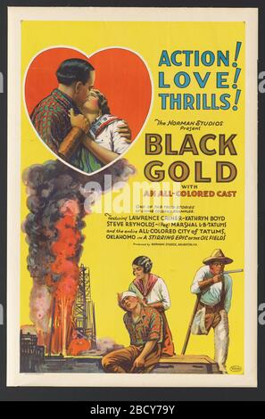 Poster für Schwarz-Gold. Ein illustriertes Filmplakat mit gelbem Hintergrund. Oben links befindet sich eine rote, herzförmige Vignette eines Mannes in einem Kragenhemd, das eine Frau in einer weißen Bluse umarmt. Daneben befindet sich blauer Text mit der Aufschrift [Aktion! / Liebe! Poster für Schwarz-Gold Stockfoto