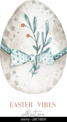 Aquarell fröhliches osterset mit Blumen, Federn und Eiern. Frühlingsferiendekoration. Handgezeichnetes Design im April. Stock Vektor