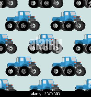 Monster Truck Muster nahtlos. Auto auf großen Rädern Hintergrund. Zierstruktur aus Babystoff. Vektor-Textur Stock Vektor