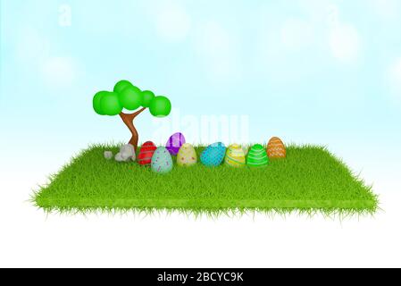 Vollfarbige ostereier auf dem Rasenfeld, 3D-Rendering Stockfoto