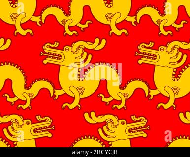 Goldfarbenes chinesisches Drachenmuster. Golden japanese Fabelhafte Monsterhintergrund . Nationales Folk Bestie Textur. Vektor ornament Stock Vektor