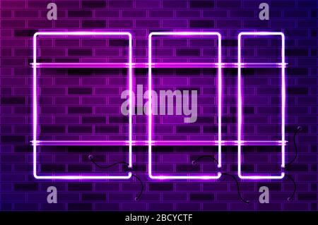 Drei vertikale Rahmen mit unterschiedlicher Breite leuchtende Neon-Schilder oder LED-Streifenleuchte. Realistische Vektorgrafiken. Violette Ziegelwand, violettes Leuchten, Metall h Stock Vektor